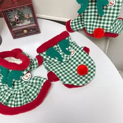 Ropa de Navidad para cachorros, Otoño Invierno, cálido vestido de lana a cuadros para mascotas, abrigo para mascotas con bonito lazo para perros pequeños