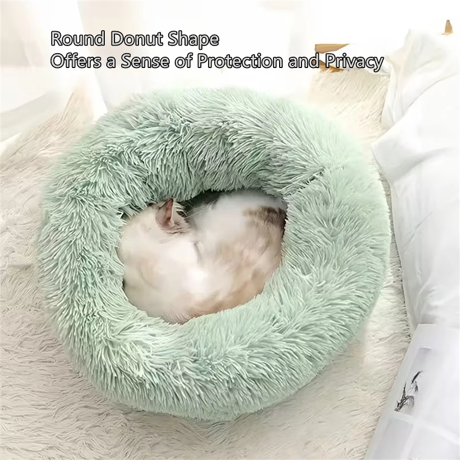 Cama suave para Gato, almohadilla de felpa cálida de piel sintética para perro, cama tranquila, cama redonda de Donut, cómoda para dormir, lavable para perros y gatos pequeños y medianos - imagen 4