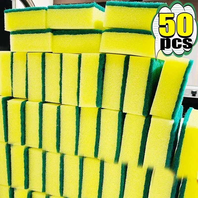 Esponjas de limpieza de doble cara, 50/1 Uds., olla de cocina, sartén, manchas de grasa, cepillos de limpieza, esponja gruesa altamente absorbente, herramientas de limpieza