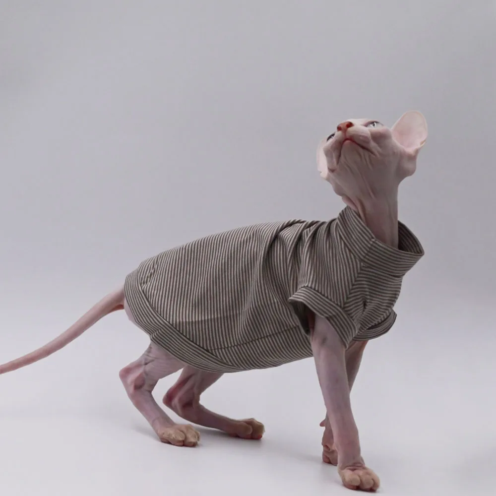 Chaleco de algodón a la moda para gatos Sphynx, ropa de manga corta a rayas marrones para gatitos, abrigo suave para disfraz Devon Rex, primavera y verano - imagen 4