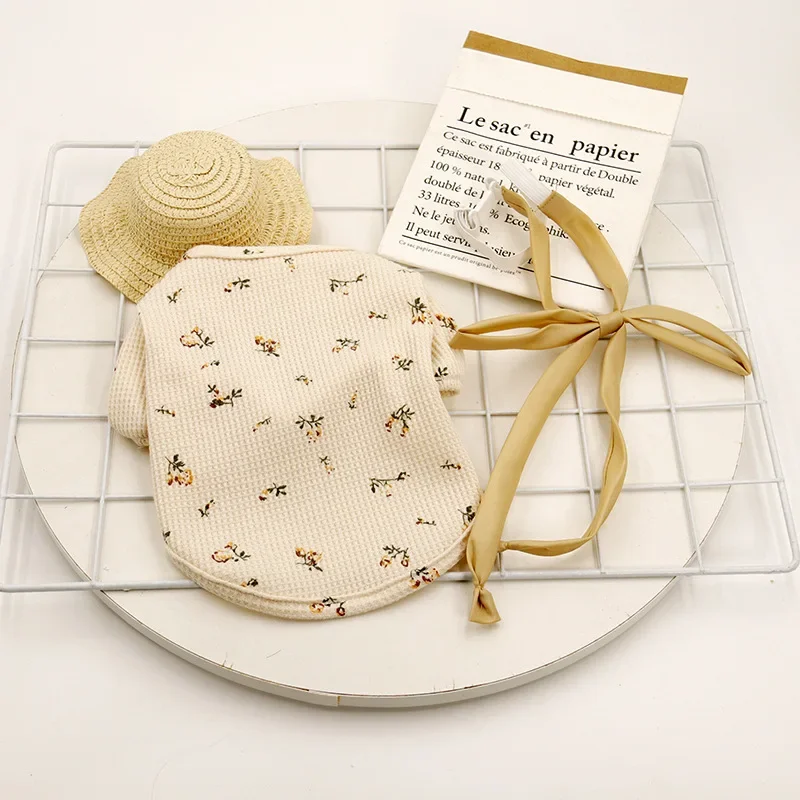 Nueva ropa para mascotas, nueva ropa de algodón para gatos, chaleco con lazo Floral de gofre para gatos, mangas voladoras a la moda, ropa para cachorros y niñas - imagen 4