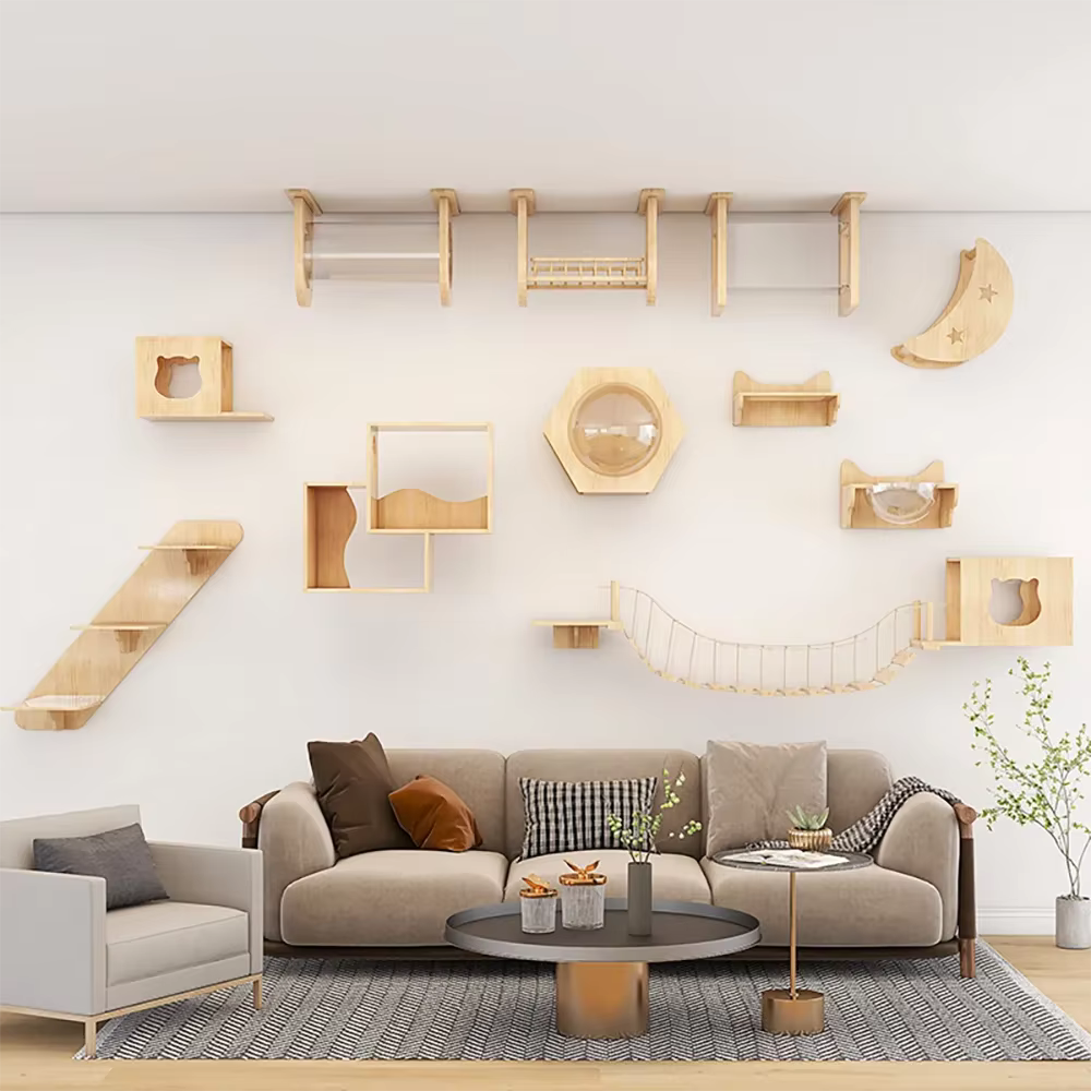 Estantería pared gatos madera maciza con rascador sisal y cápsula - imagen 2