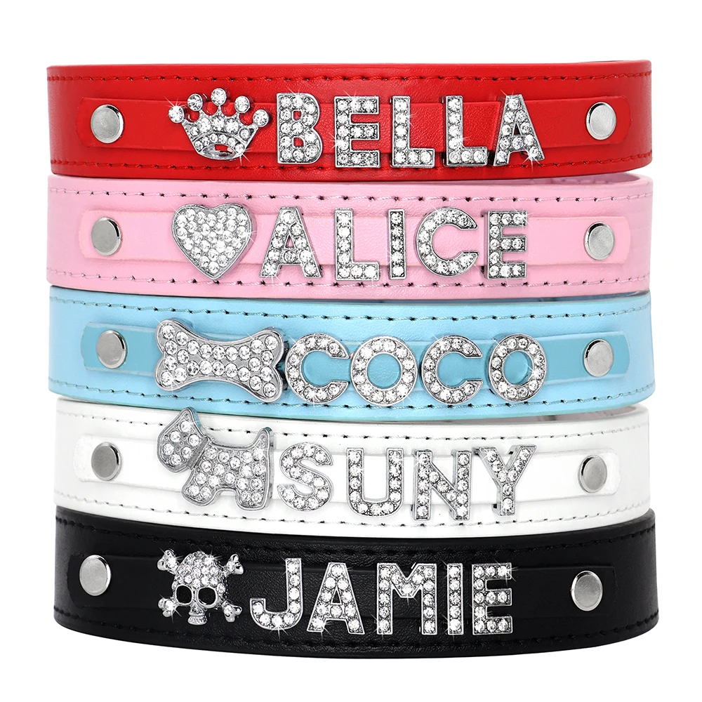 Collar de perro personalizado de cuero PU con diamantes de imitación ostentosos, collares para Chihuahua, collares de identificación de gato personalizados para perros pequeños, medianos y grandes - imagen 2