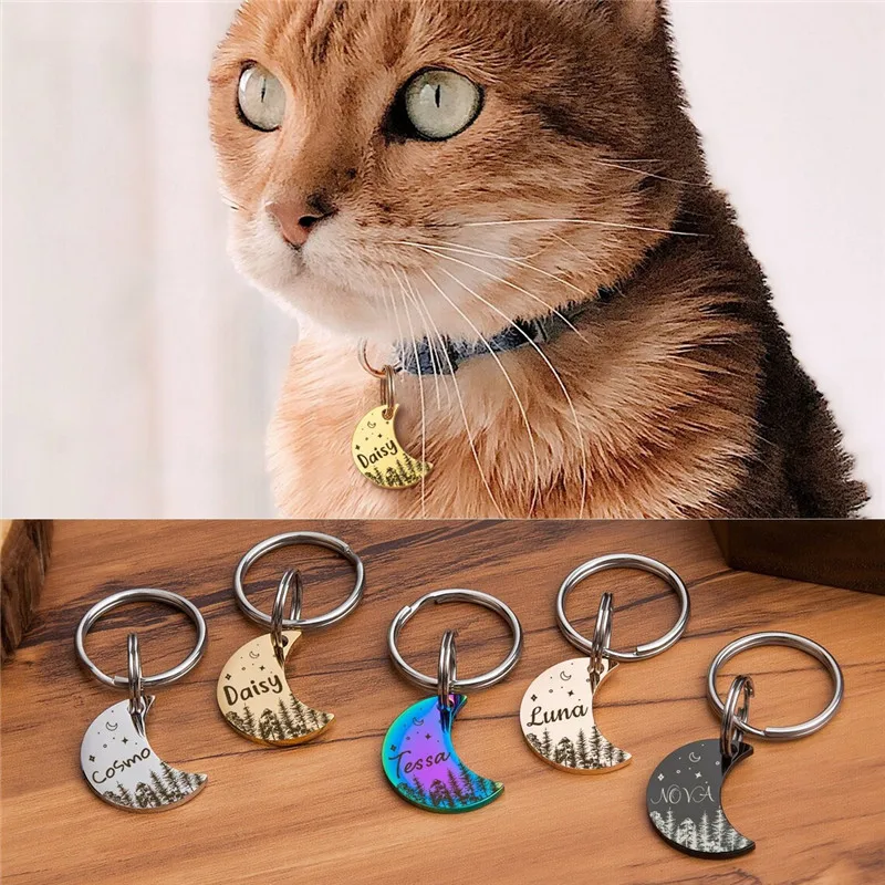 Etiquetas de identificación de mascotas con forma de luna personalizadas, etiqueta de madera y estrellas para perros y gatos, Collar de identificación de perro con número de nombre personalizado para cachorros y gatitos, accesorios para mascotas - imagen 4