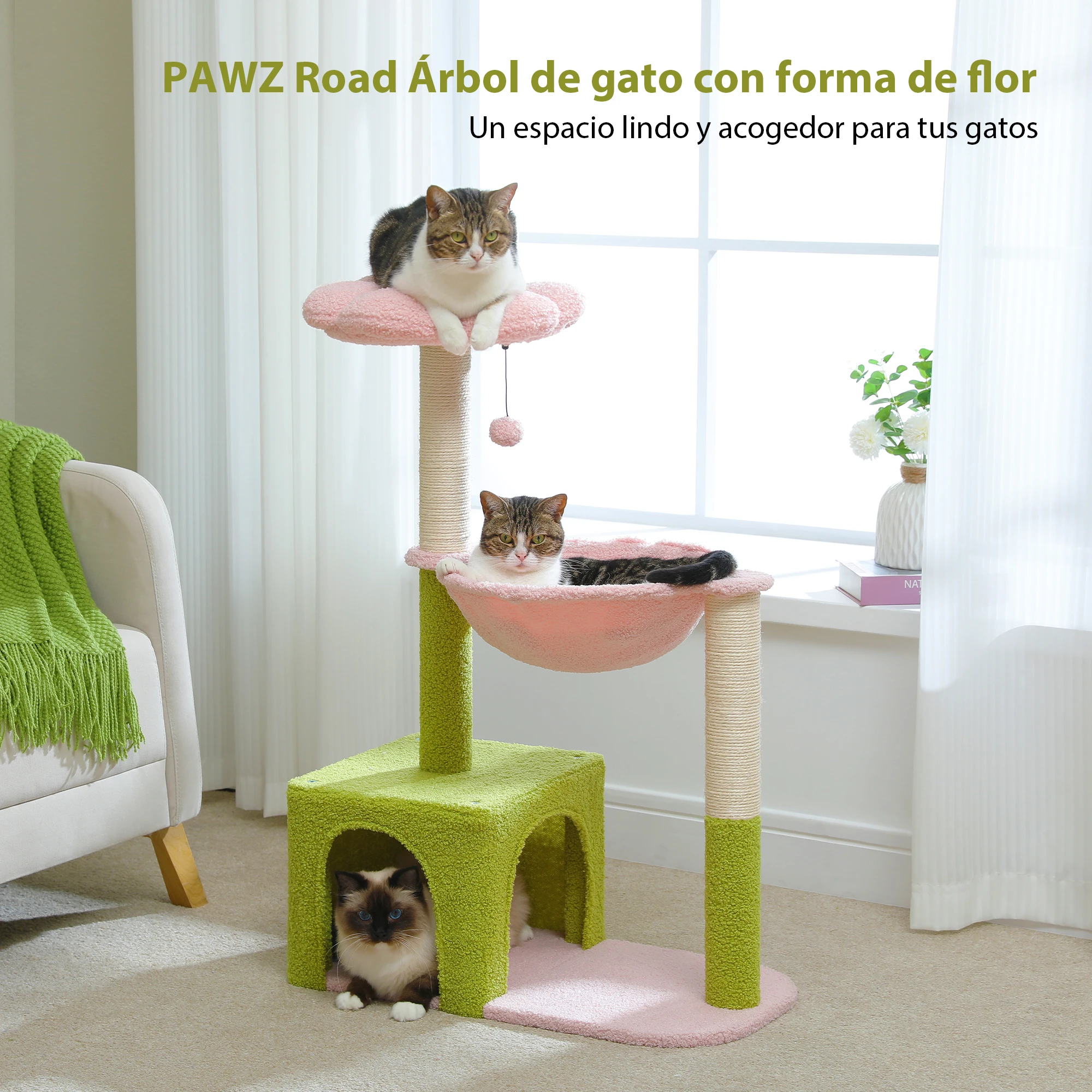 Torre de árbol para gatos con poste rascador de Sisal Natural, percha superior de flores acogedora, accesorios para gatos con pompón juguetón, muebles para gatos - imagen 3