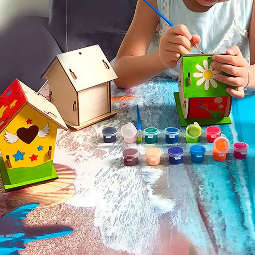 Kits coloridos de casa de pájaros de madera DIY para niños, manualidades, pintura, cultivo de capacidad manual, accesorios para pájaros - imagen 2