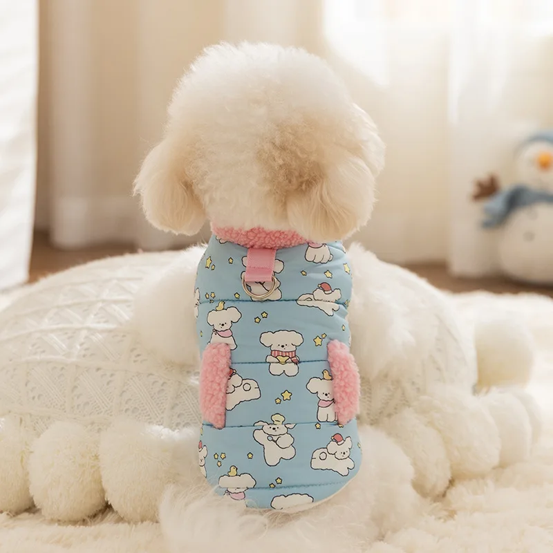 Abrigo con cuello de felpa para mascotas, camiseta sin mangas con cuello alto y dos patas estampadas para perros, ropa para cachorros, ropa para perros pequeños, Otoño/Invierno - imagen 2