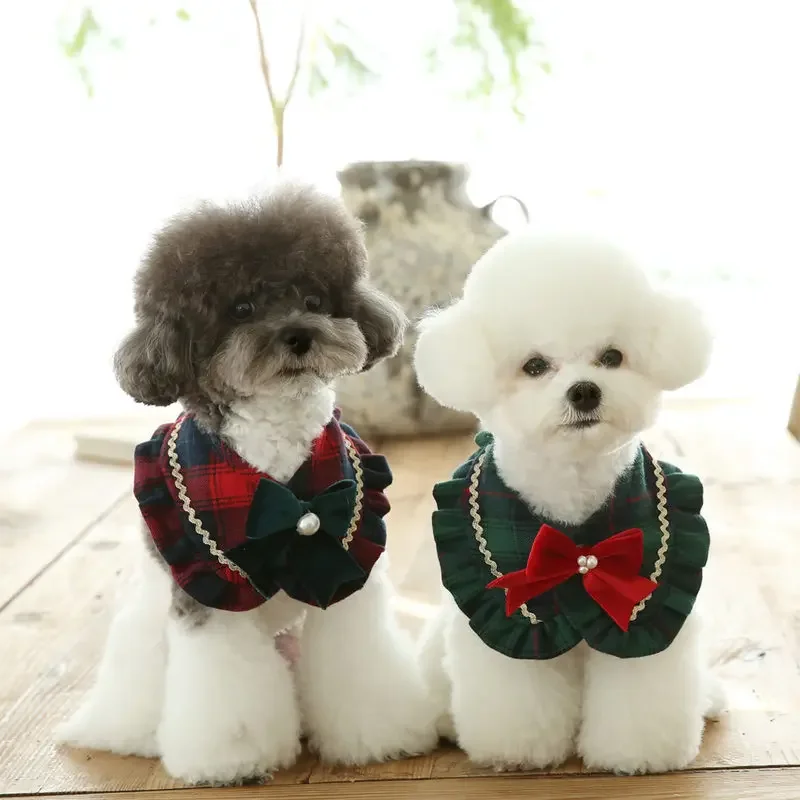 Bufanda de perlas con lazo con volantes a cuadros para perros y gatos, toalla de Saliva bonita y dulce, lazo de Navidad para perros, accesorios para perros pequeños - imagen 3