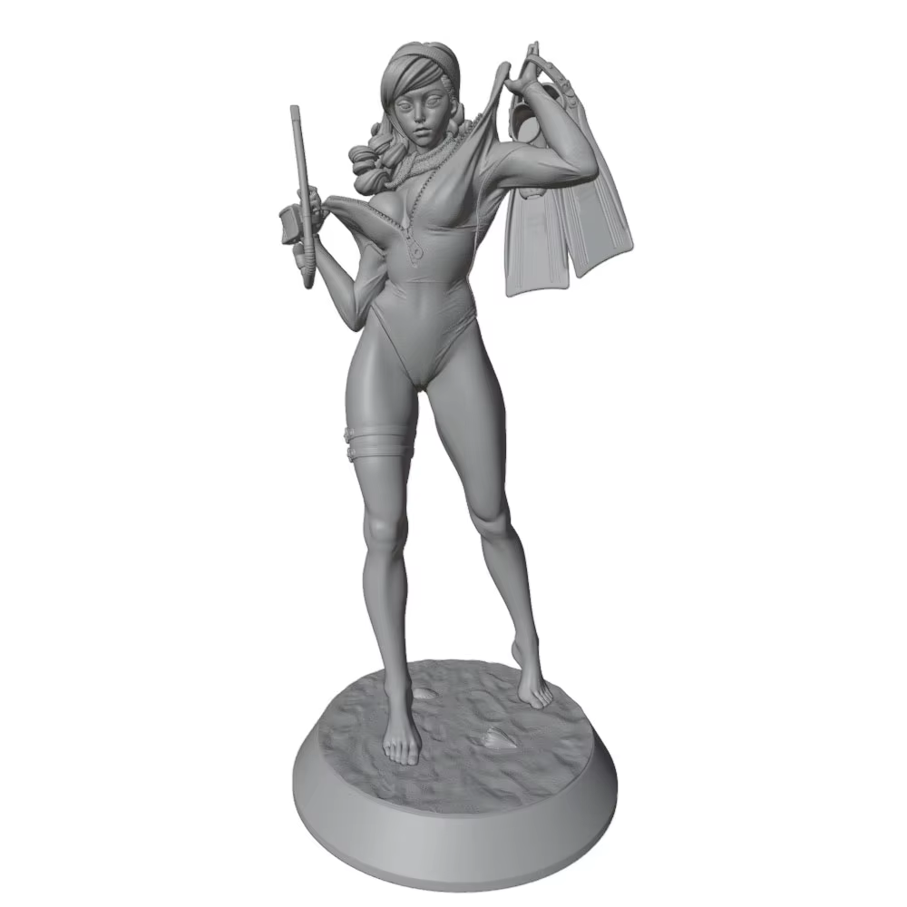 Figura impresa 3D gris niña nadando decoración sin montar ni pintar