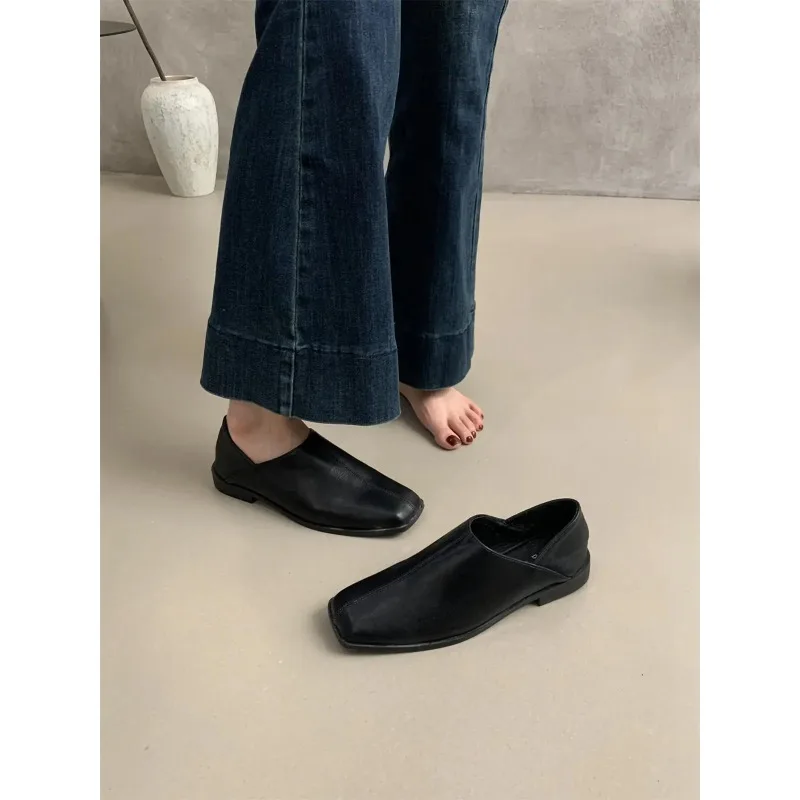 Zapatos planos de cuero con cabeza cuadrada Retro, zapatos planos informales sin cordones de cuero suave para mujer, mocasines de tacón bajo coreanos Sle para Otoño e Invierno - imagen 4