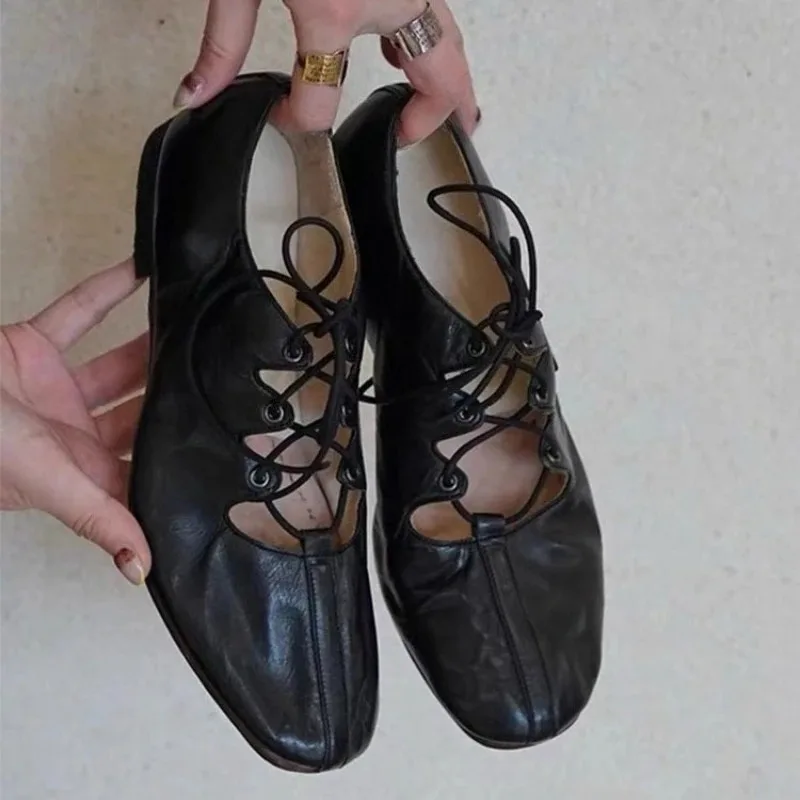 Zapatos planos bajos de Ballet, zapatos informales suaves para ir al trabajo, zapatos planos Retro con cordones cruzados para primavera y otoño 2025, Mary Jane - imagen 2