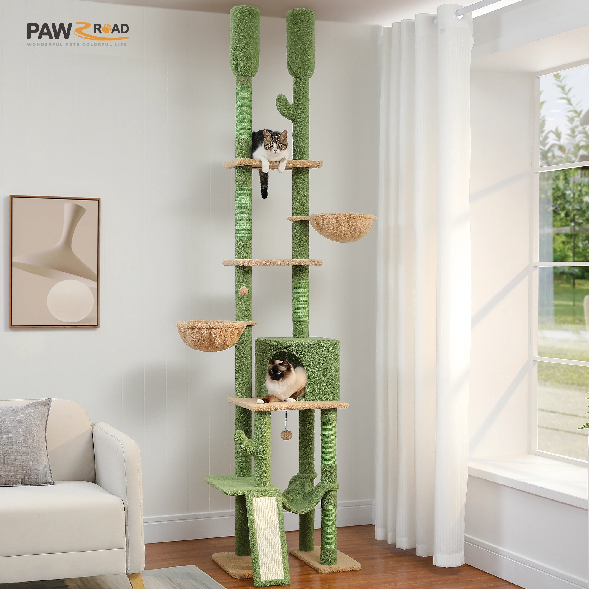 Torre alta para gatos de piso a techo con postes rascadores de Sisal Natural, escalera para rascar, hamaca acogedora y condominio privado, juguetes para gatos - imagen 2