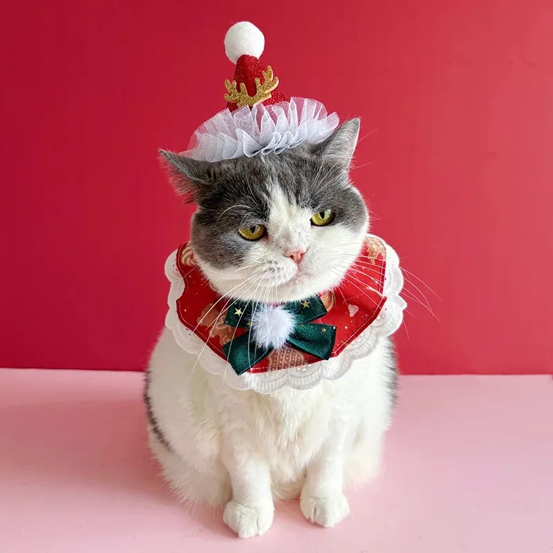 Pañuelo de Navidad para mascotas, Collar con bola de pelo, sombrero, conjunto de Navidad para gatos, bufanda de agua para perros, bufanda roja y verde, accesorios para cachorros - imagen 3