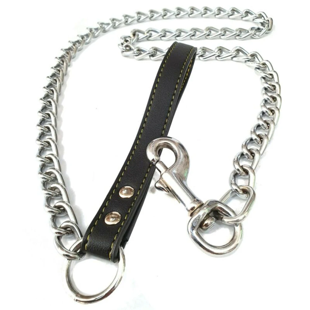 Correa de Metal duradera para perros pequeños y medianos, mango de PU, correa de cadena de hierro de cuero, cadena antimordida, accesorios para perros - imagen 4