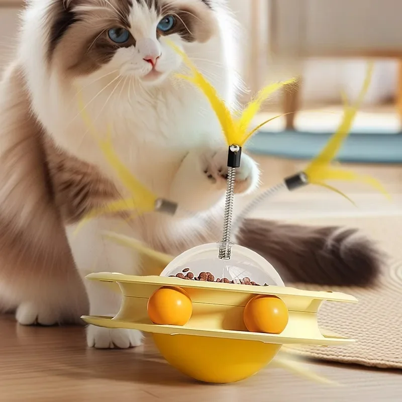 Vaso para gatos, alimentador interactivo de juguete, plato giratorio para interiores, dispensador de aperitivos para cachorros y gatitos, bolas de pista de plástico extraíbles, juguetes de plumas - imagen 3