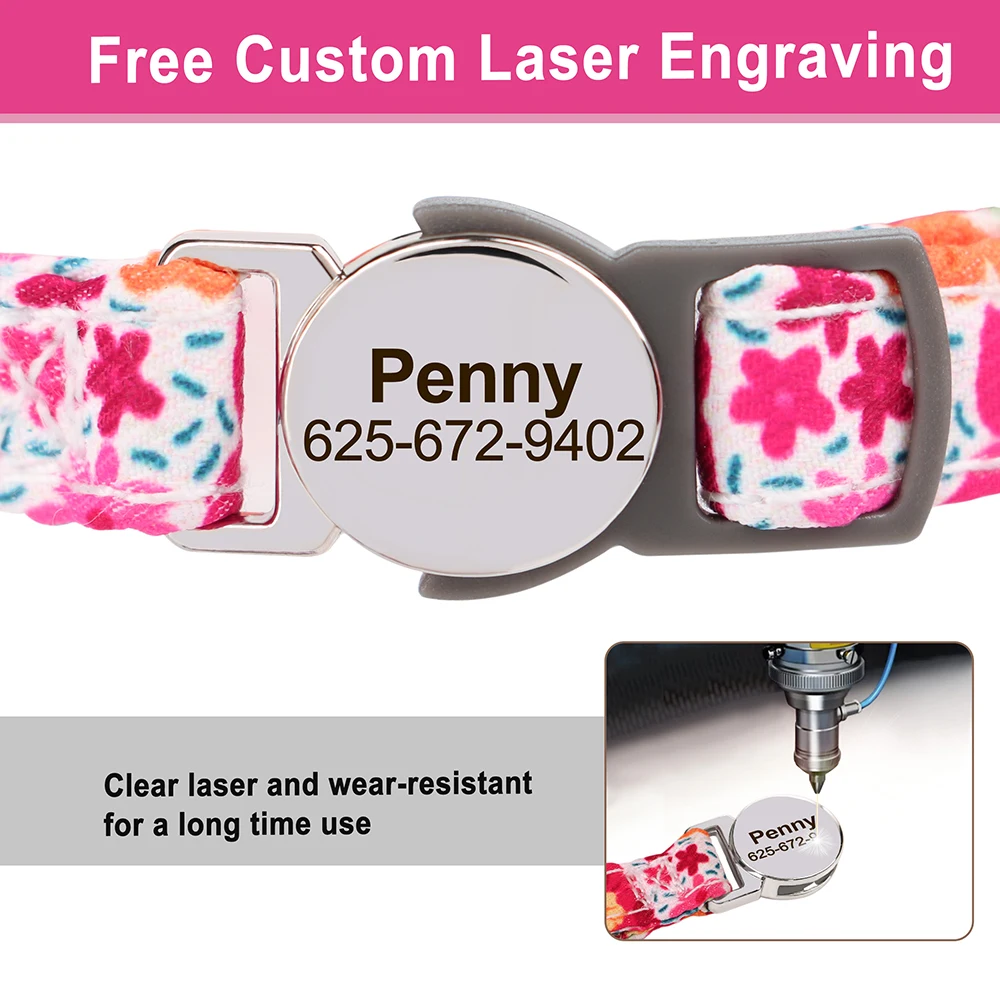 Collar de gato con estampado personalizado, collares ajustables para cachorros y gatitos con placa de identificación grabada gratis, collares antipérdida para gatos - imagen 4