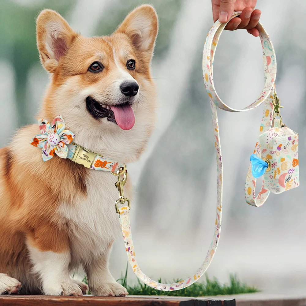 Collar de nailon personalizado para perros pequeños, medianos y grandes, Correa y bolsa para caca, etiqueta de identificación con nombre, accesorios florales - imagen 5