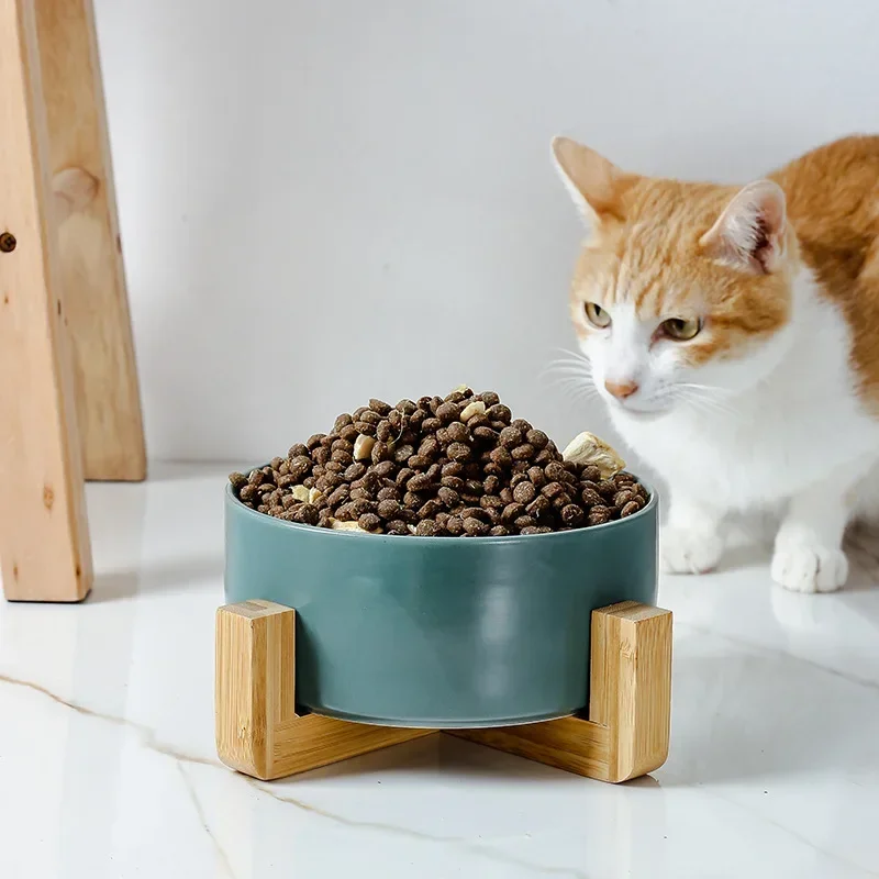 Self-Assembly Ceramic Double Pet Bowl, Wooden Stand, Elevated Feeder for Cats, Cervical Spine Protection, Food & Water Bowl - imagen 4