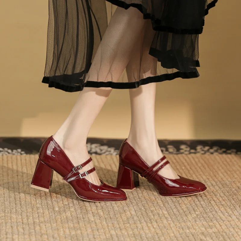 Primavera otoño mujer doble hebilla zapatos Mary Jane vestido de charol cabeza cuadrada tacón cuadrado Color sólido zapatos de mujer
