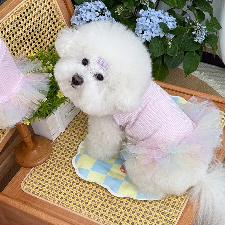 Vestido de malla colorido para mascotas, ropa para gatos, chaleco de peluche con tirantes bonitos, falda de princesa para perros pequeños, ropa para cachorros