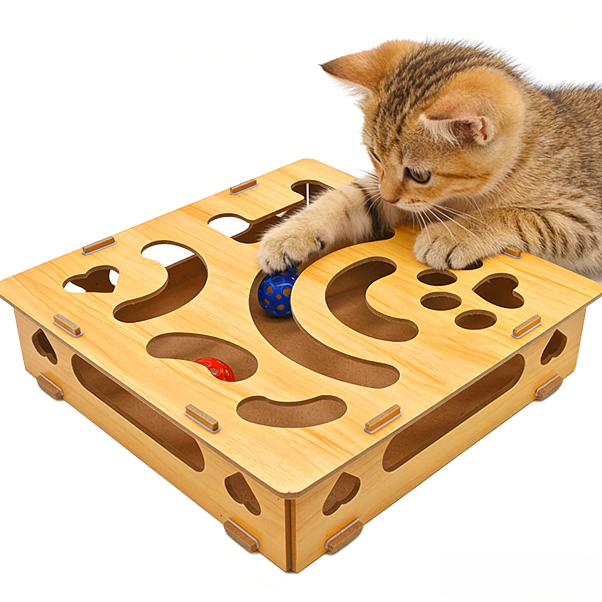 Caja de enriquecimiento de lima de uñas para gatos de interior con bola, tablero rascador de uñas para mascotas y caja de golosinas, juguete autoentrenante para gatos