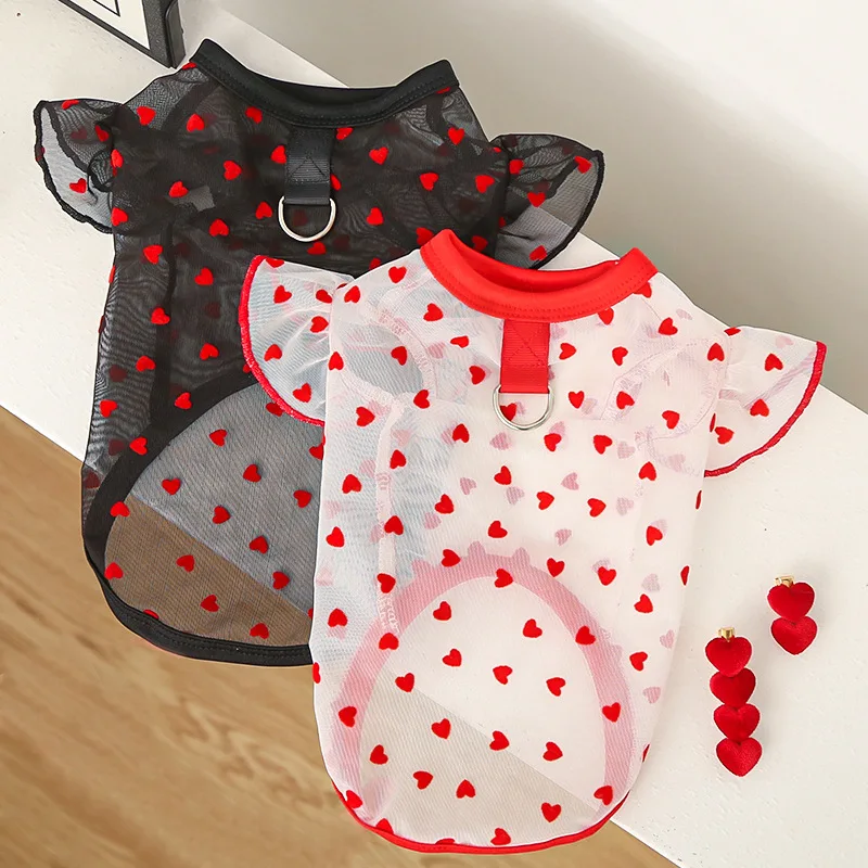 Chaleco fino refrescante para perro, ropa de verano con mangas voladoras y corazón para perro con anillo en D, camisa para niña, chalecos para gato, camiseta de malla para perro