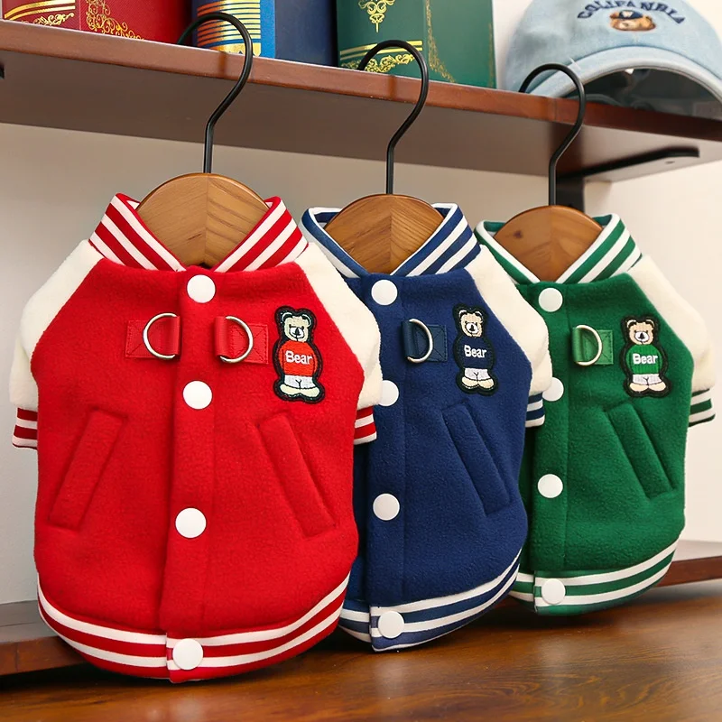 Chaqueta de béisbol con parche de oso para mascotas, chaqueta cálida de lana para perros, abrigo, ropa de invierno para cachorros, Sudadera con capucha suave y bonita para gatos, ropa para perros - imagen 5