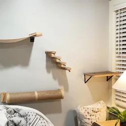 Muebles de pared para gatos de interior con estantes, poste rascador, plataforma para saltar y escalera de cuerda para hamaca para escalar y relajarse