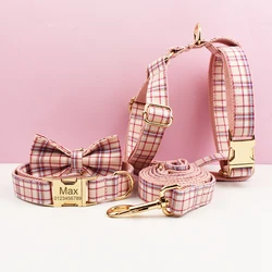 Set collar correa arnés personalizados con cuadros rosas para perro