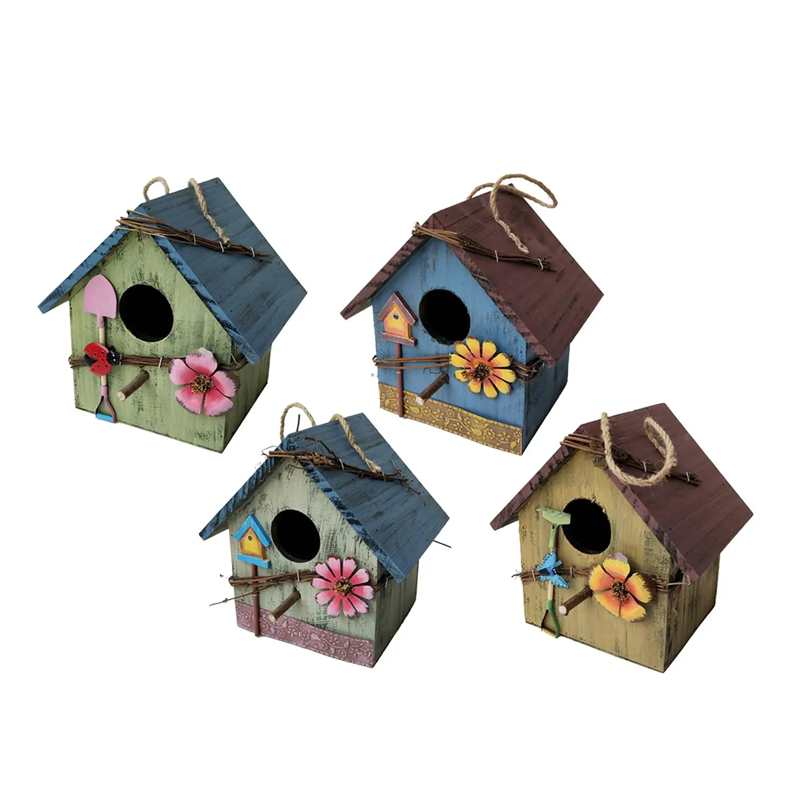 Hand-painted Bird House w/Flowers Outdoor Porch Rustic Decorative Birdhouses