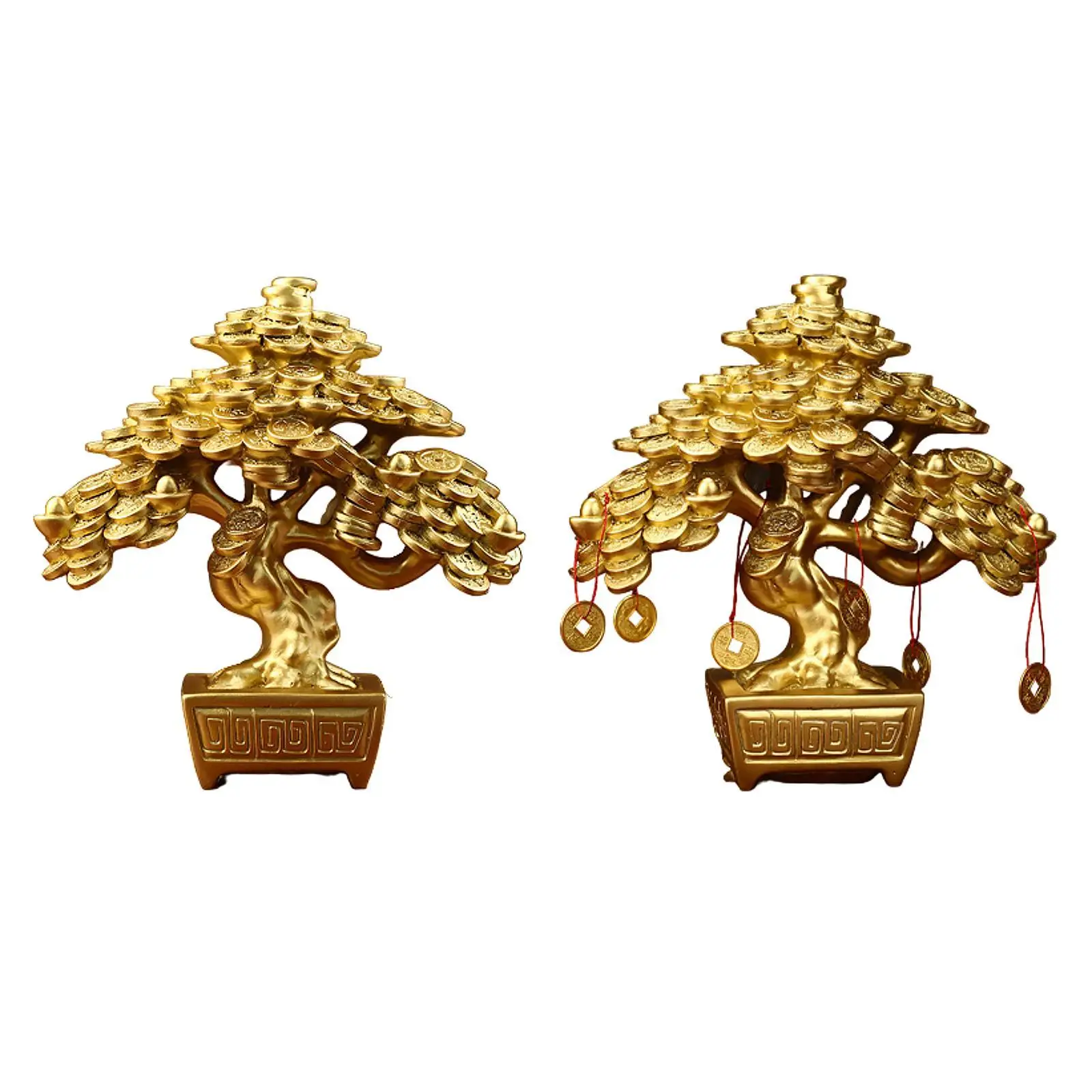 Decoración de mesa de árbol de dinero chino, decoración Feng Shui de Color dorado, estatuilla de resina de 17,5x9x19,5 cm para dormitorio ligero