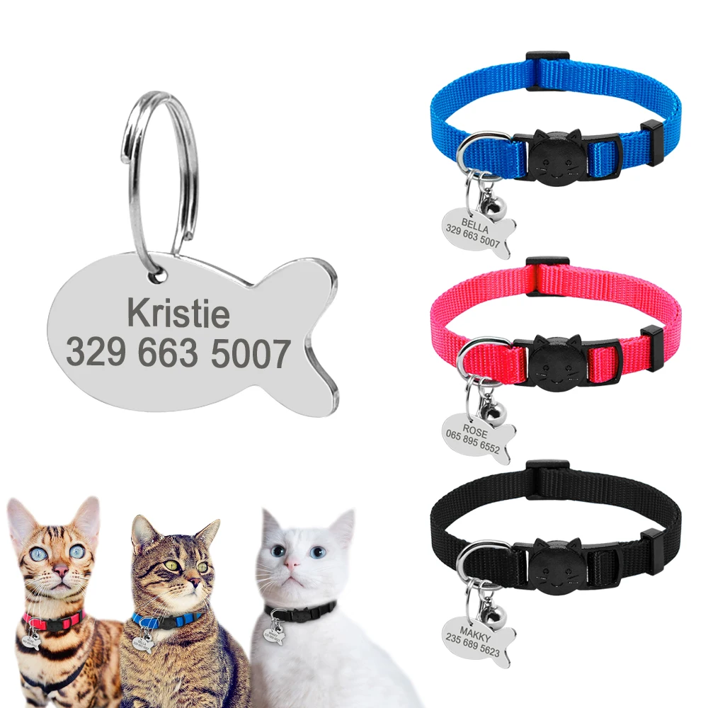 Collar de nailon ajustable con grabado para gato, etiqueta de identificación personalizada para gatito, accesorios para cachorros, collares para perros pequeños, suministros para mascotas - imagen 3