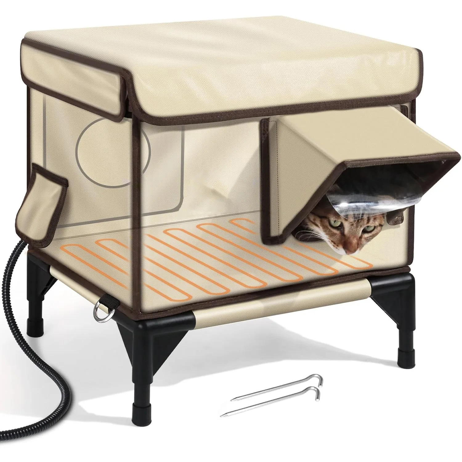 Casa para gatos al aire libre, tubo de PVC que aumenta la tela Oxford, casa impermeable para mascotas con almohadilla calefactora, nido para gatos callejeros, productos para mascotas - imagen 2