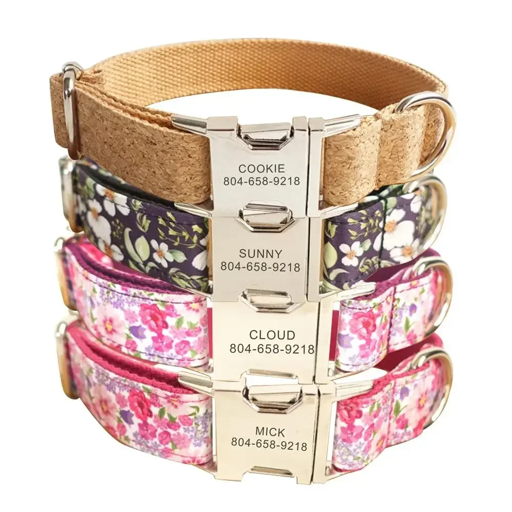 Collar de perro con hebilla de metal personalizado multicolor con margaritas negras y flores rosas, correa a juego disponible