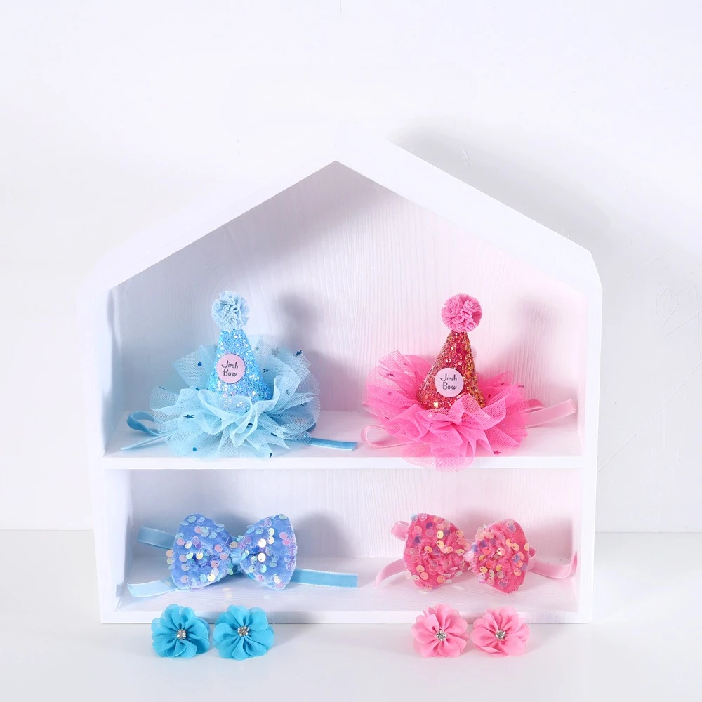 Sombrero de cumpleaños con purpurina de encaje para perros y gatos, pajarita, conjunto de fiesta de flores, accesorios para mascotas, accesorios de boda para perros pequeños - imagen 2