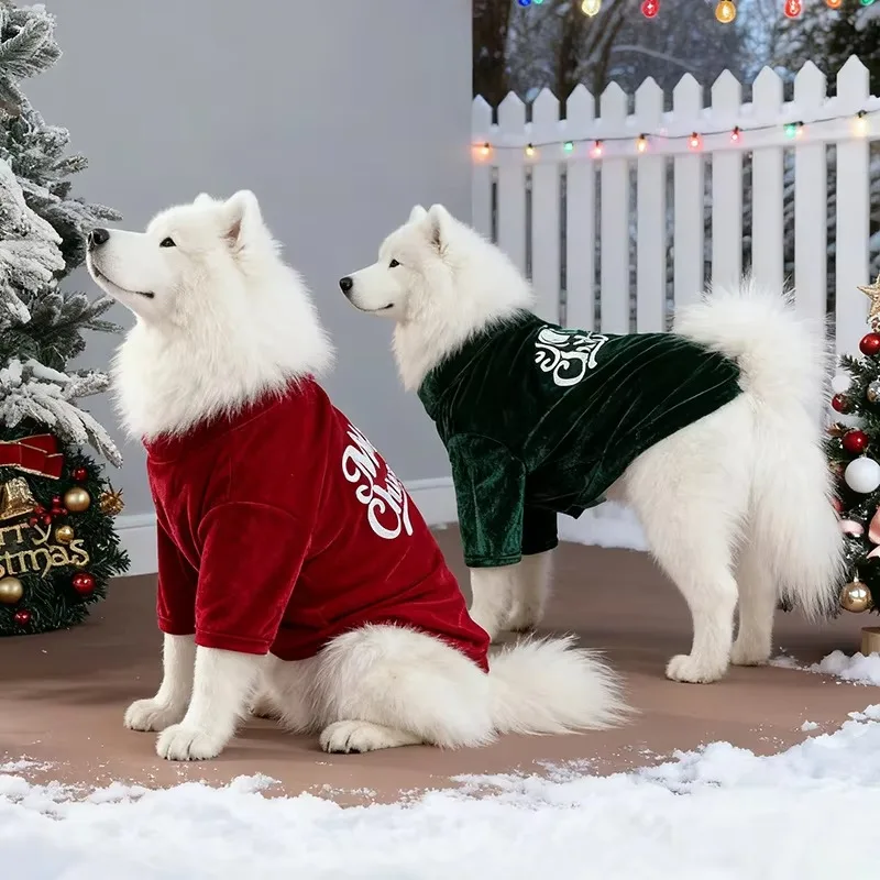 Tallas S–6XL para perros pequeños a grandes Sudadera navideña para perros de terciopelo, estampado “Feliz Navidad”, jersey suave y cálido, rojo/verde,