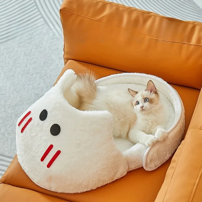 Cama para gatos de peluche semicerrada, cama suave, cómoda y cálida para gatos, cama creativa para dormir en interiores de lana esponjosa para perros pequeños y medianos