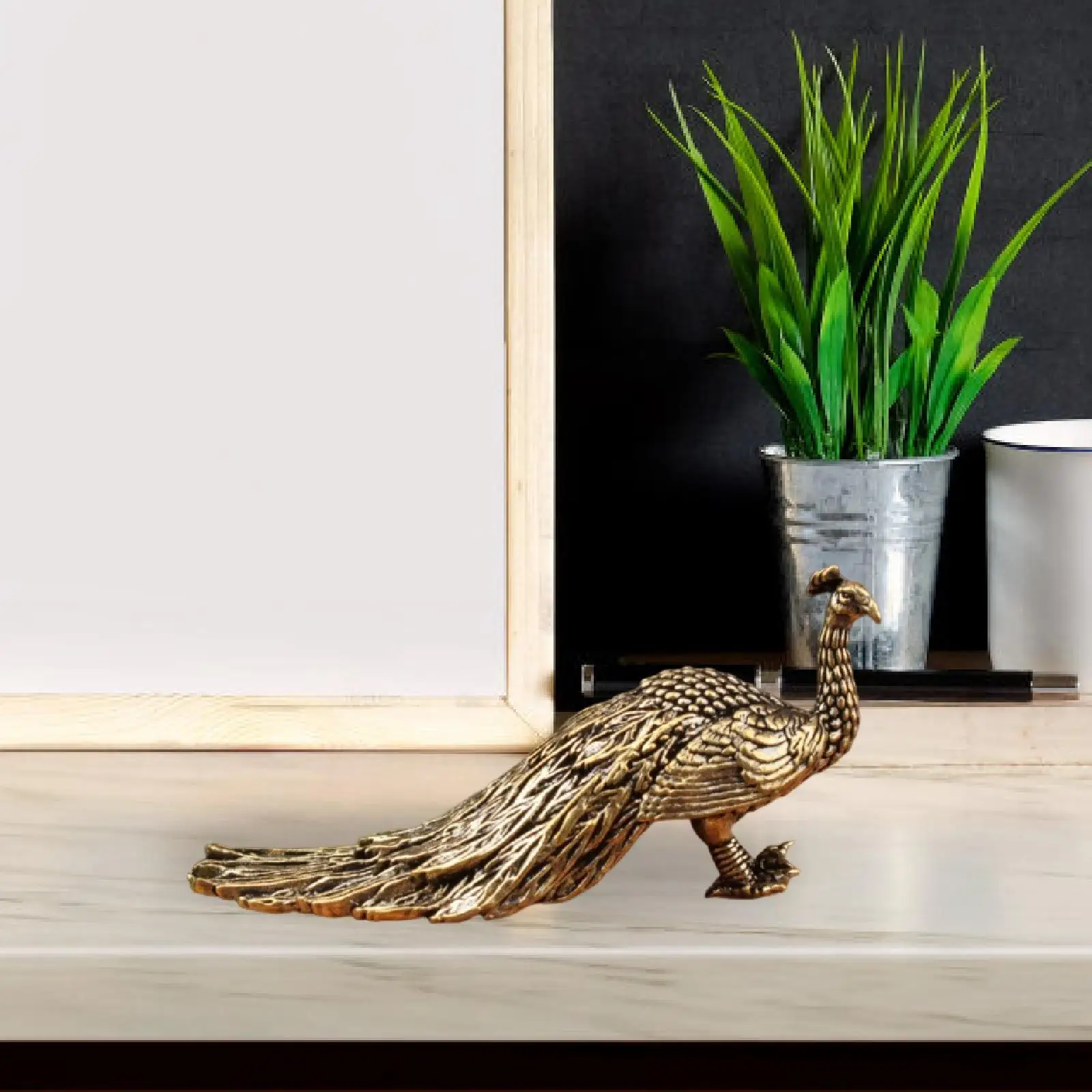 Brass Peacock Figurine Animal Sculpture Statue Collectible Gift Ornament 5.7cm Tiny for Car Living Room Office Bedroom Desktop