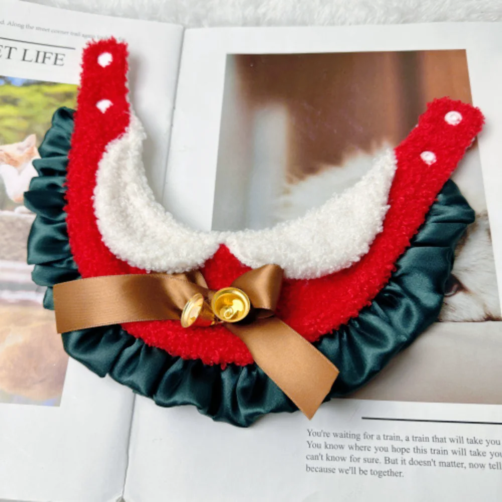 Christmas Bow Lamb Fleece Scarf Pet Lace Fake Collar Lace Water Scarfs New Year Dog Cat Hoodie Neck Cat Accessories Puppy - imagen 2