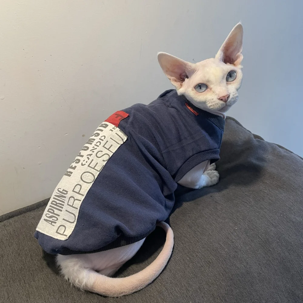 Sudadera de tela de trabajo de parche de moda para gatos machos en primavera azul primavera Abrigo gris Sphynx Cat Camiseta de algodón para gatitos - imagen 2