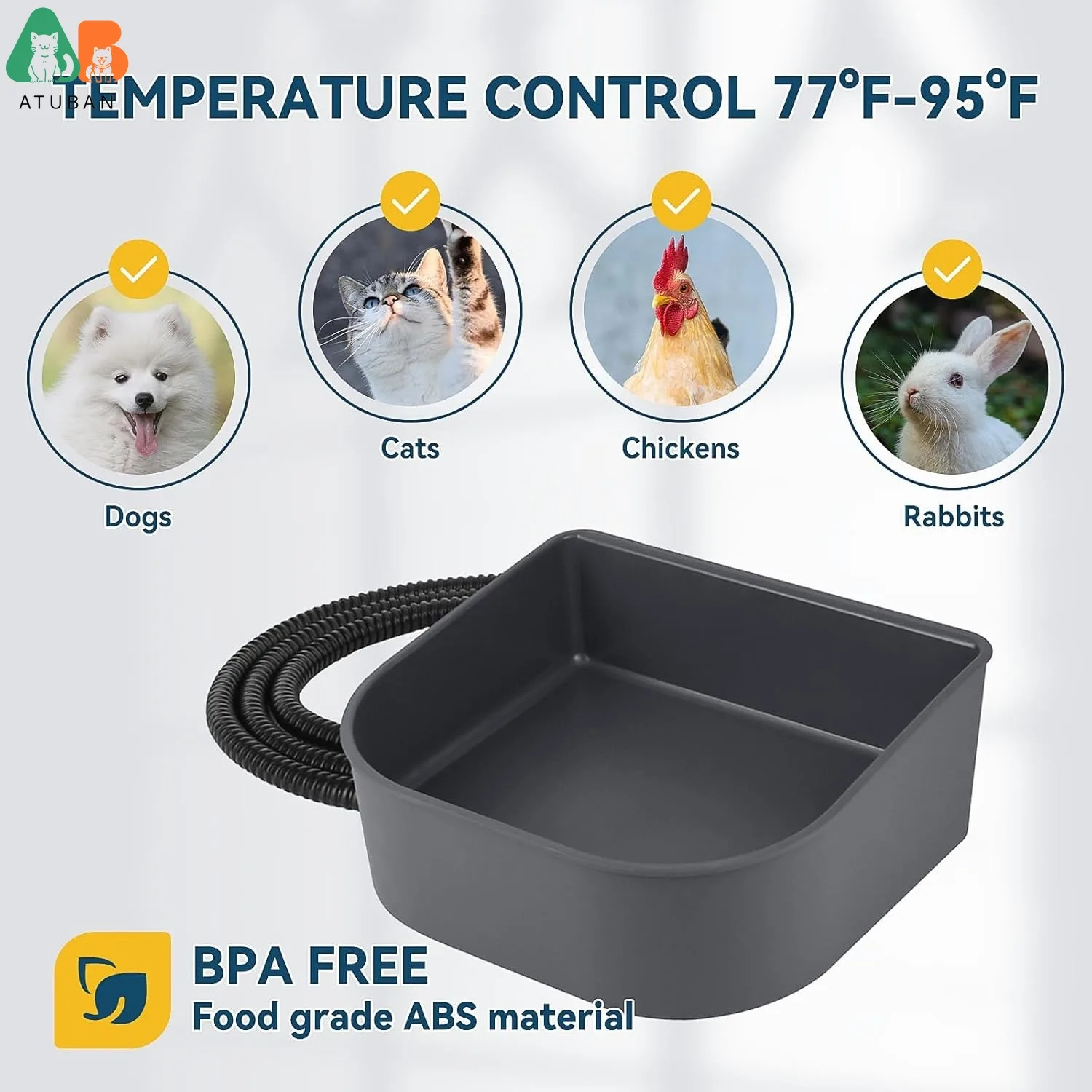 ATUBAN Cuenco de agua calefactable para mascotas de interior, cuenco de agua colgante para perros para perrera, cuenco calefactable sin derrames para pollos, gatos, conejos y pájaros - imagen 2