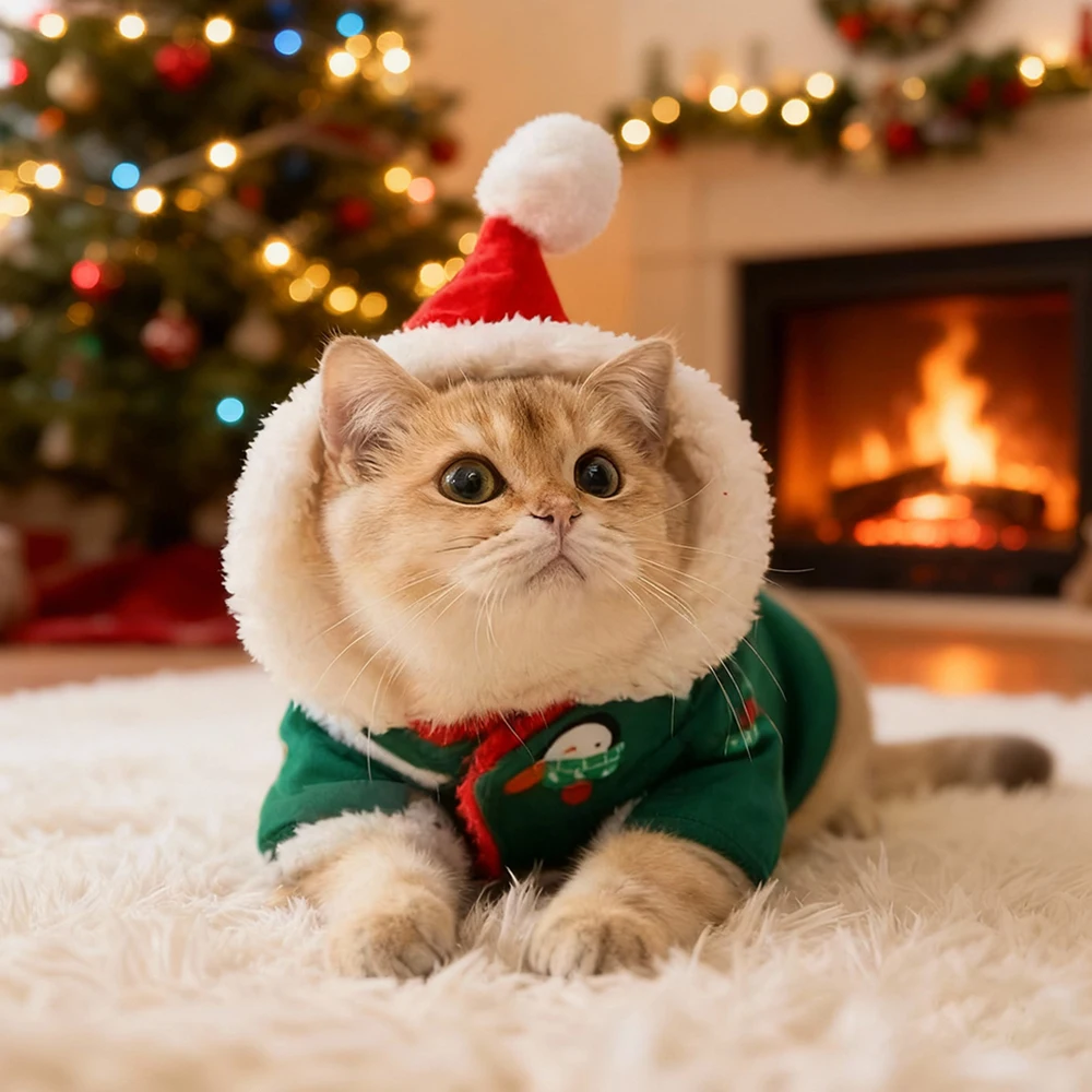 Abrigo para perro con capucha, trajes navideños para perros pequeños, gatos, chaqueta con capucha de lana cálida para invierno, bonito disfraz de Pug Yorkie Chihuahua - imagen 2