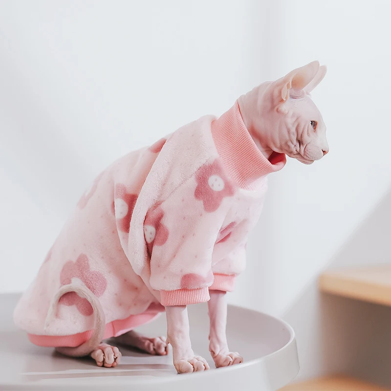 Sphynx Cat Clothes Winter Warm Pet Cat Hoodies Cute Floral Soft Flannel Kitten Cat Pajamas Costumes For Sphinx Devon Rex Cats - imagen 5