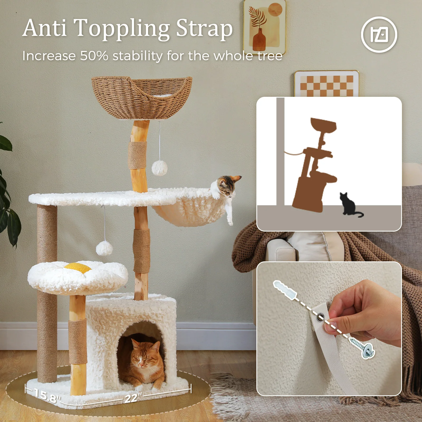 Árbol para gatos moderno para gatos de interior, torre para gatos de madera maciza con Condo de lujo, hamaca acogedora, poste rascador, cama para gatos con flores, juguetes para gatos - imagen 3