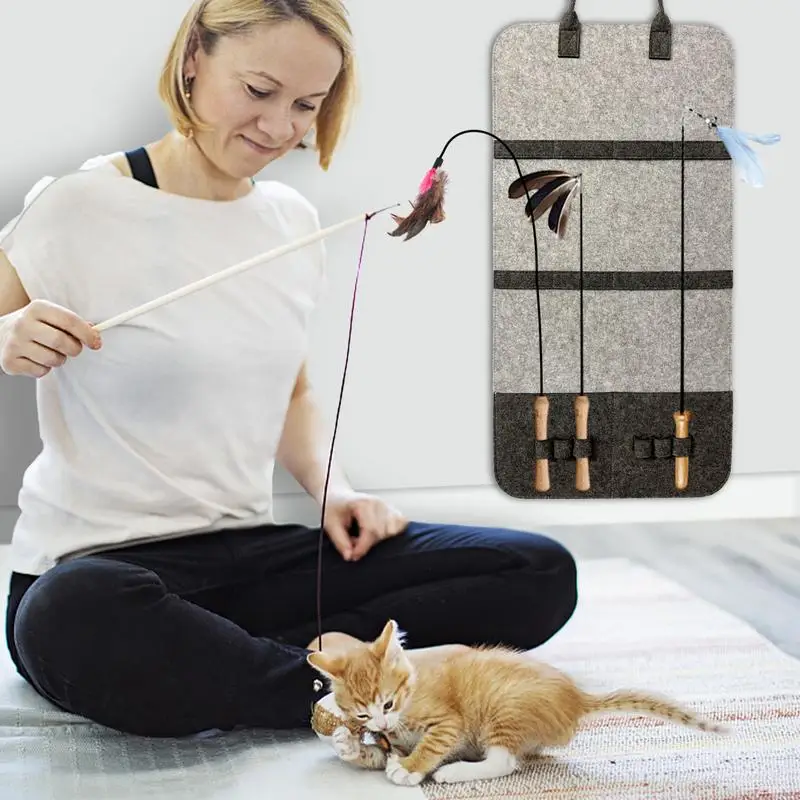 Organizador de juguetes para gatos, bolsa de almacenamiento de pared, contenedor de juguetes para mascotas, soporte de varita Teaser para gatos, ahorro de espacio, bolsa de fieltro - imagen 3