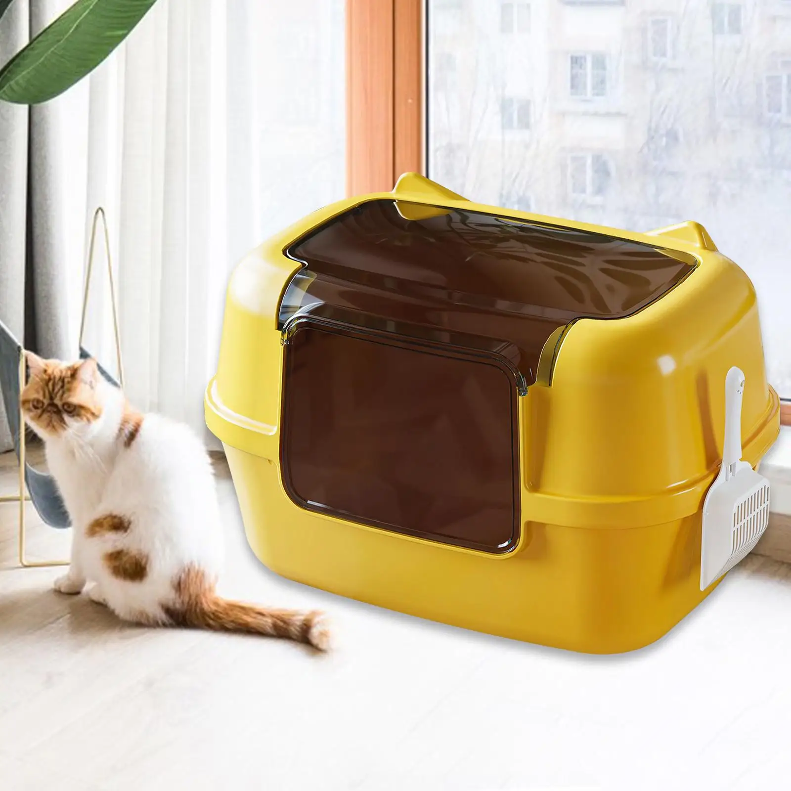 Fully Enclosed Cat Litter Box Hooded Cat Toilet Lightweight with Lid with Spade Potty Pan Litter Tray for Dorm Room Balcony