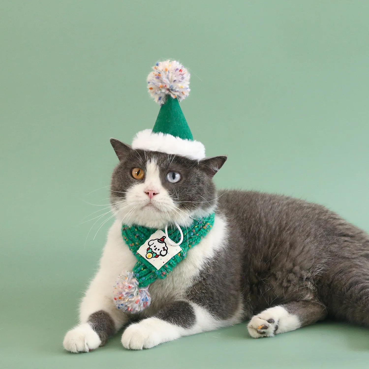 Gorro de Navidad de fieltro para perros, conjunto de cuello y bufanda de lana tejida con dibujos de bolas de pelo, decoración navideña y de Año Nuevo, accesorios para cachorros - imagen 4