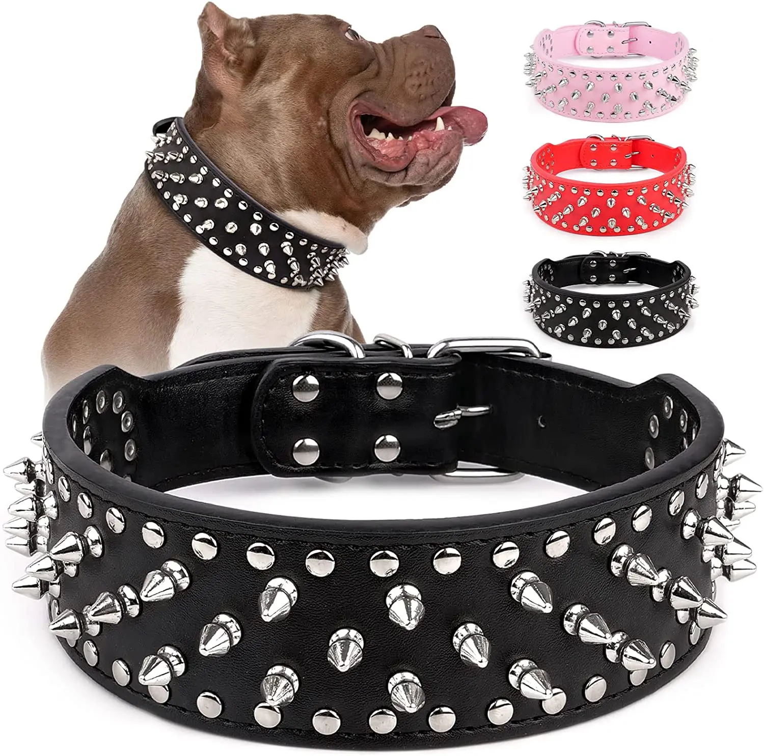 Collar de perro grande con pinchos para razas medianas y grandes L-3XL Pitbull Mastiff Boxer cuero PU 4 colores collar de perro grande para perro grande
