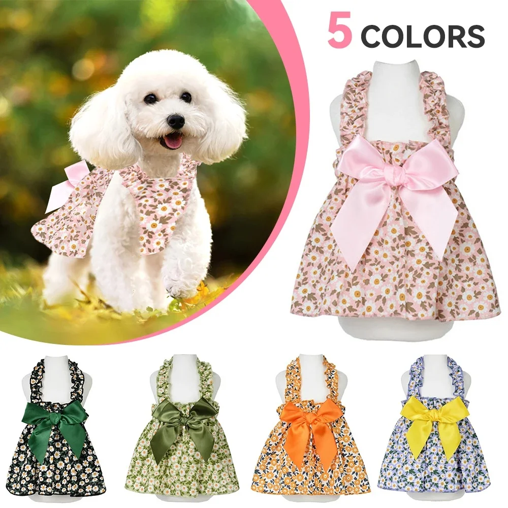 Falda para perro de 5 uds., falda de verano con pequeña flor, correa elástica para el hombro, vestido para perro, falda de princesa para cachorro de algodón, S-XL, ropa para perros - imagen 2