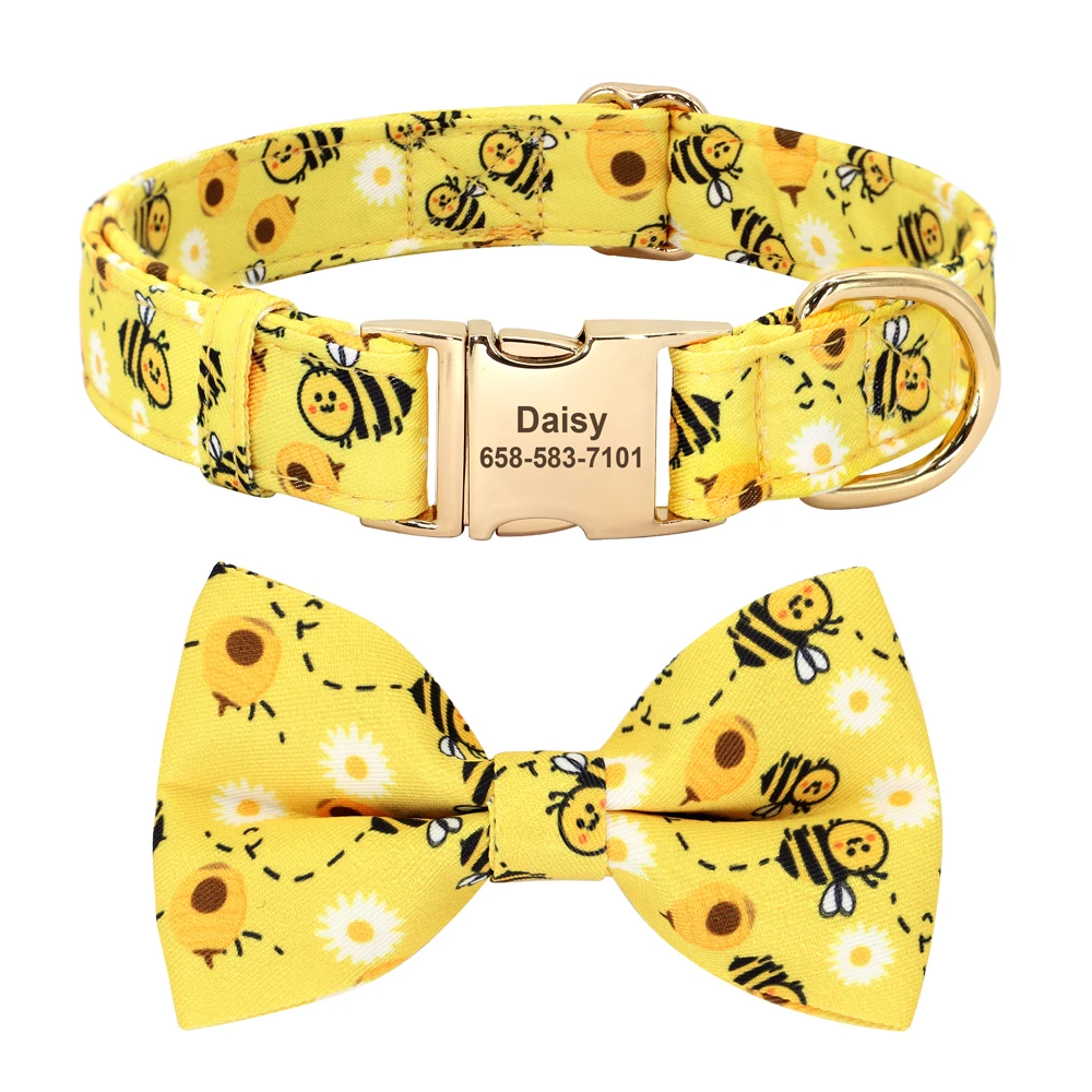 Collar de identificación de perro con pajarita, collares de nailon personalizados para perros con lazo, collar de corazón de abeja y flor grabada gratis para perros pequeños y medianos - imagen 2